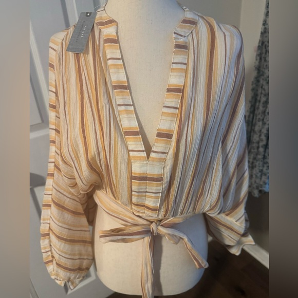 Anthropologie 💛 Balloon Sleeve Cropped Striped Tie Blouse 💛 NWT - Picture 5 of 12